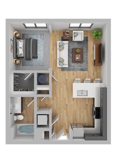 A top down view of a small apartment with a bedroom, living room, kitchen, and bathroom.
